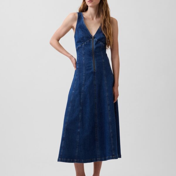 Denim Seamed Zip-Front Midi Dress